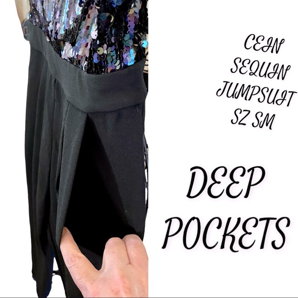SEQUIN TOP JUMPSUIT SZ SM SILKY WITH SPAGHETTI STRAPS ZIP UP BACK Good Stretch - Picture 8 of 12